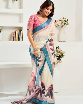 White lilen print 1 minute ready to wear saree with unstitched blouse piece 3