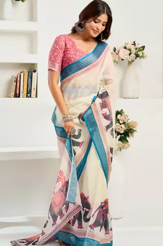 White lilen print 1 minute ready to wear saree with unstitched blouse piece