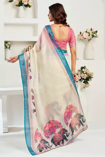White lilen print 1 minute ready to wear saree with unstitched blouse piece