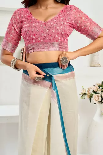 White lilen print 1 minute ready to wear saree with unstitched blouse piece