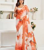 orange lilen print 1 minute ready to wear saree with unstitched blouse piece