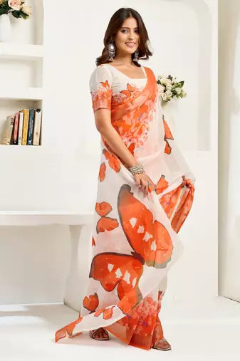 orange lilen print 1 minute ready to wear saree with unstitched blouse piece