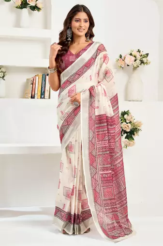 white wine lilen print 1 minute ready to wear saree with unstitched blouse piece