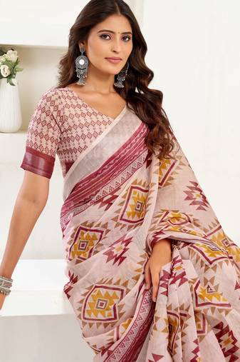 White lilen print work designer party wear festive 1 minute ready to wear saree with unstitched blouse piece