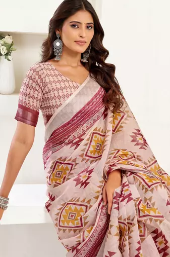 White lilen print 1 minute ready to wear saree with unstitched blouse piece