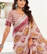 White lilen print 1 minute ready to wear saree with unstitched blouse piece