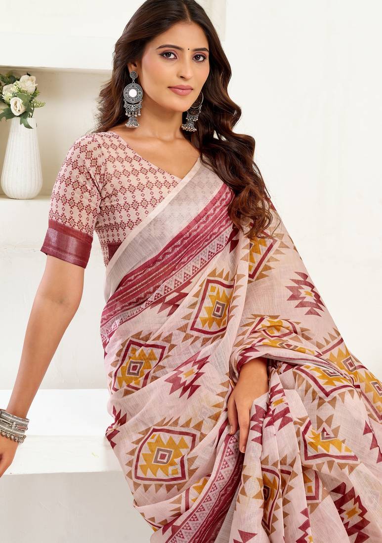 White lilen print work designer party wear festive 1 minute ready to wear saree with unstitched blouse piece