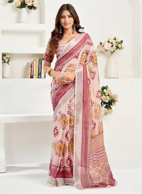 White lilen print 1 minute ready to wear saree with unstitched blouse piece 2