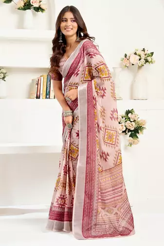 White lilen print 1 minute ready to wear saree with unstitched blouse piece