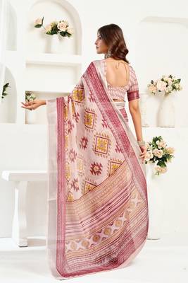 White lilen print 1 minute ready to wear saree with unstitched blouse piece 4