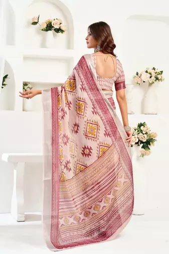 White lilen print 1 minute ready to wear saree with unstitched blouse piece