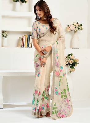 off white lilen print 1 minute ready to wear saree with unstitched blouse piece 3