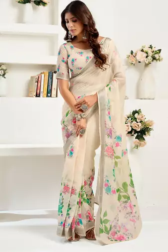 off white lilen print 1 minute ready to wear saree with unstitched blouse piece