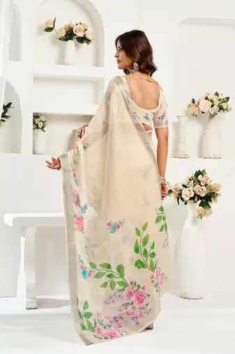 off white lilen print 1 minute ready to wear saree with unstitched blouse piece