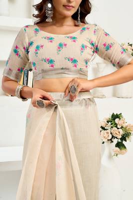off white lilen print 1 minute ready to wear saree with unstitched blouse piece 5