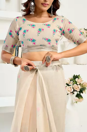 off white lilen print 1 minute ready to wear saree with unstitched blouse piece