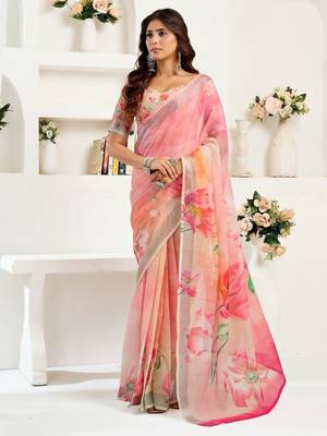 pink lilen print 1 minute ready to wear saree with unstitched blouse piece 1