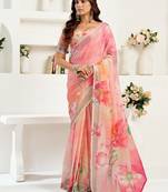 pink lilen print 1 minute ready to wear saree with unstitched blouse piece