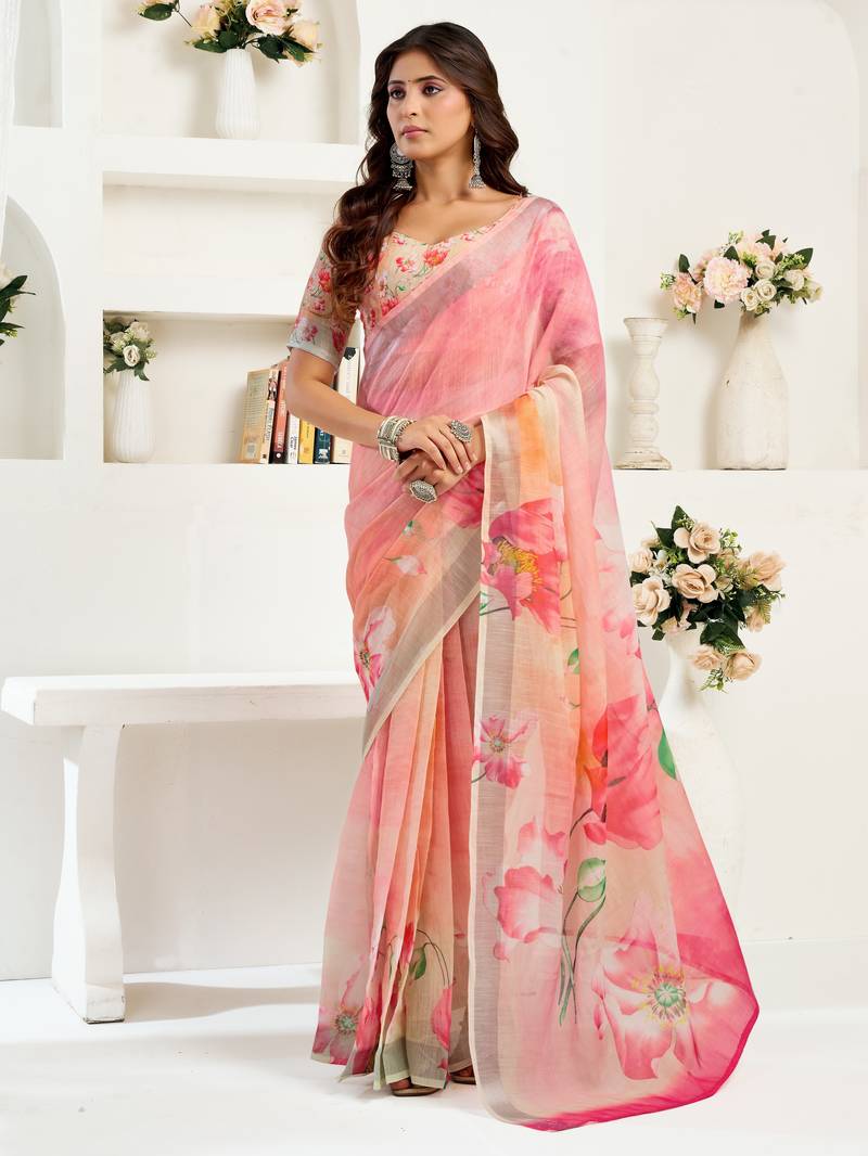 pink lilen print work designer party wear festive 1 minute ready to wear saree with unstitched blouse piece