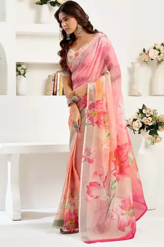 pink lilen print 1 minute ready to wear saree with unstitched blouse piece