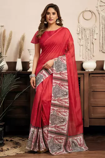 red lilen print 1 minute ready to wear saree with unstitched blouse piece
