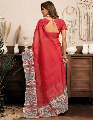 red lilen print 1 minute ready to wear saree with unstitched blouse piece 3