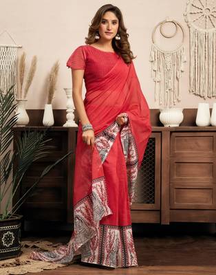 red lilen print 1 minute ready to wear saree with unstitched blouse piece 4