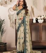 off white lilen print 1 minute ready to wear saree with unstitched blouse piece