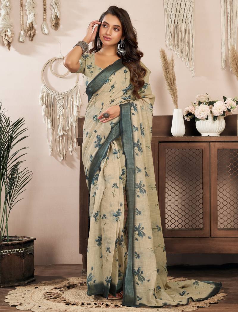 off white lilen print work designer party wear festive 1 minute ready to wear saree with unstitched blouse piece