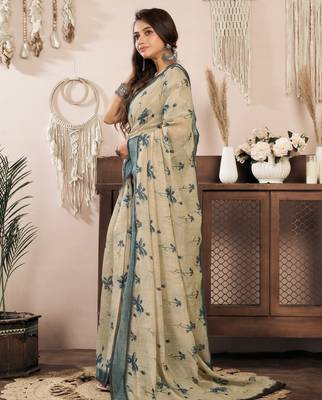off white lilen print 1 minute ready to wear saree with unstitched blouse piece 2