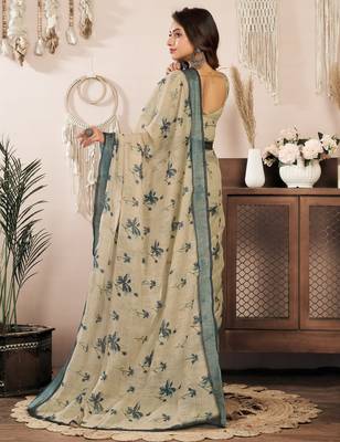 off white lilen print 1 minute ready to wear saree with unstitched blouse piece 3