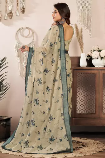 off white lilen print 1 minute ready to wear saree with unstitched blouse piece