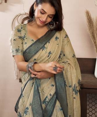 off white lilen print 1 minute ready to wear saree with unstitched blouse piece 4
