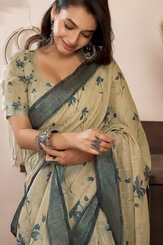 off white lilen print 1 minute ready to wear saree with unstitched blouse piece
