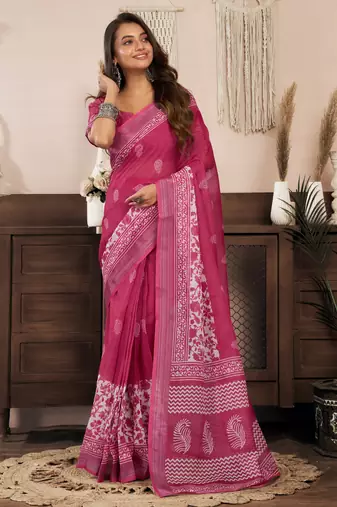 rani pink lilen print 1 minute ready to wear saree with unstitched blouse piece