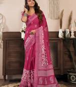 rani pink lilen print 1 minute ready to wear saree with unstitched blouse piece