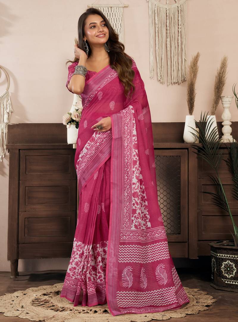 rani pink lilen print work designer party wear festive 1 minute ready to wear saree with unstitched blouse piece