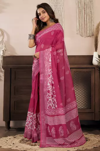 rani pink lilen print 1 minute ready to wear saree with unstitched blouse piece