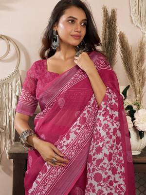 rani pink lilen print 1 minute ready to wear saree with unstitched blouse piece 3