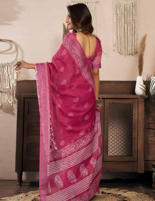 rani pink lilen print 1 minute ready to wear saree with unstitched blouse piece 4