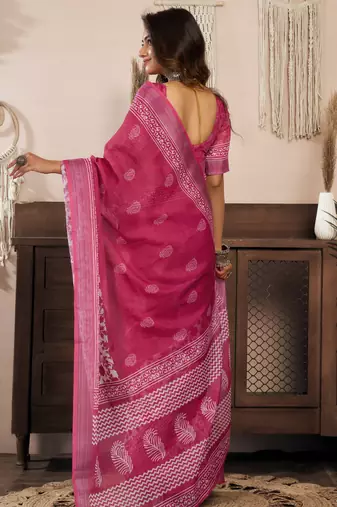 rani pink lilen print 1 minute ready to wear saree with unstitched blouse piece