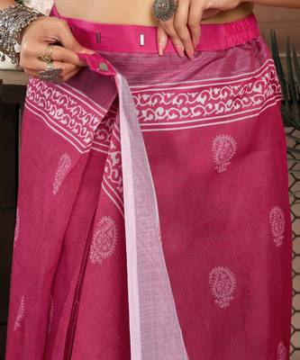 rani pink lilen print 1 minute ready to wear saree with unstitched blouse piece 5