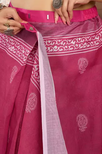 rani pink lilen print 1 minute ready to wear saree with unstitched blouse piece