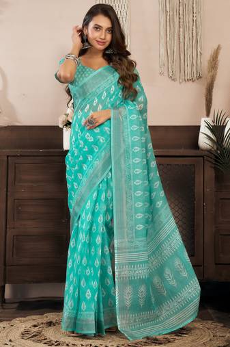 aqua lilen print 1 minute ready to wear saree with unstitched blouse piece
