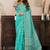 aqua lilen print work designer party wear festive 1 minute ready to wear saree with unstitched blouse piece