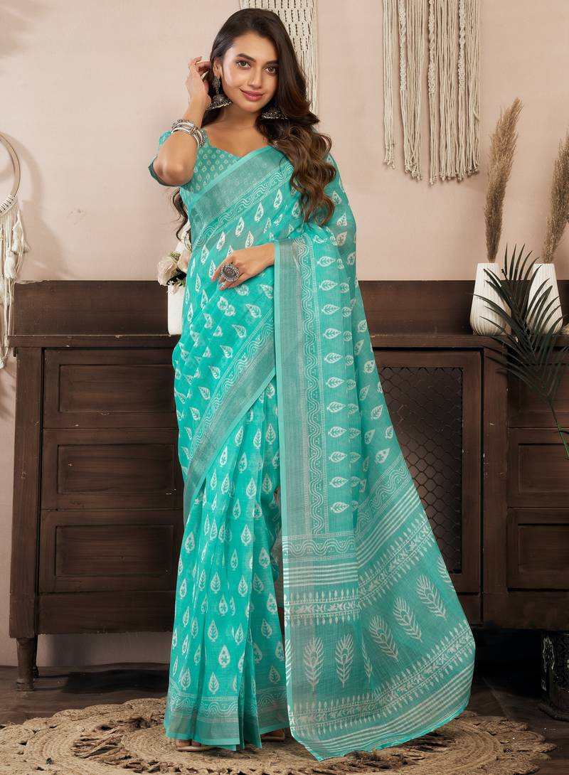 aqua lilen print work designer party wear festive 1 minute ready to wear saree with unstitched blouse piece