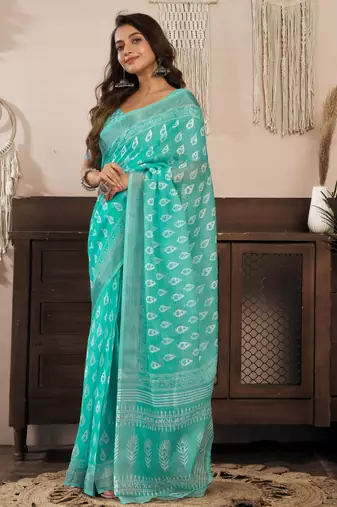 aqua lilen print 1 minute ready to wear saree with unstitched blouse piece