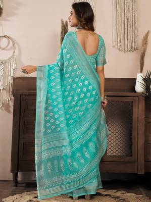 aqua lilen print 1 minute ready to wear saree with unstitched blouse piece 4
