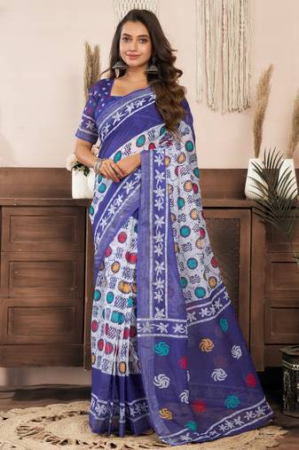 white blue lilen print work designer party wear festive 1 minute ready to wear saree with unstitched blouse piece