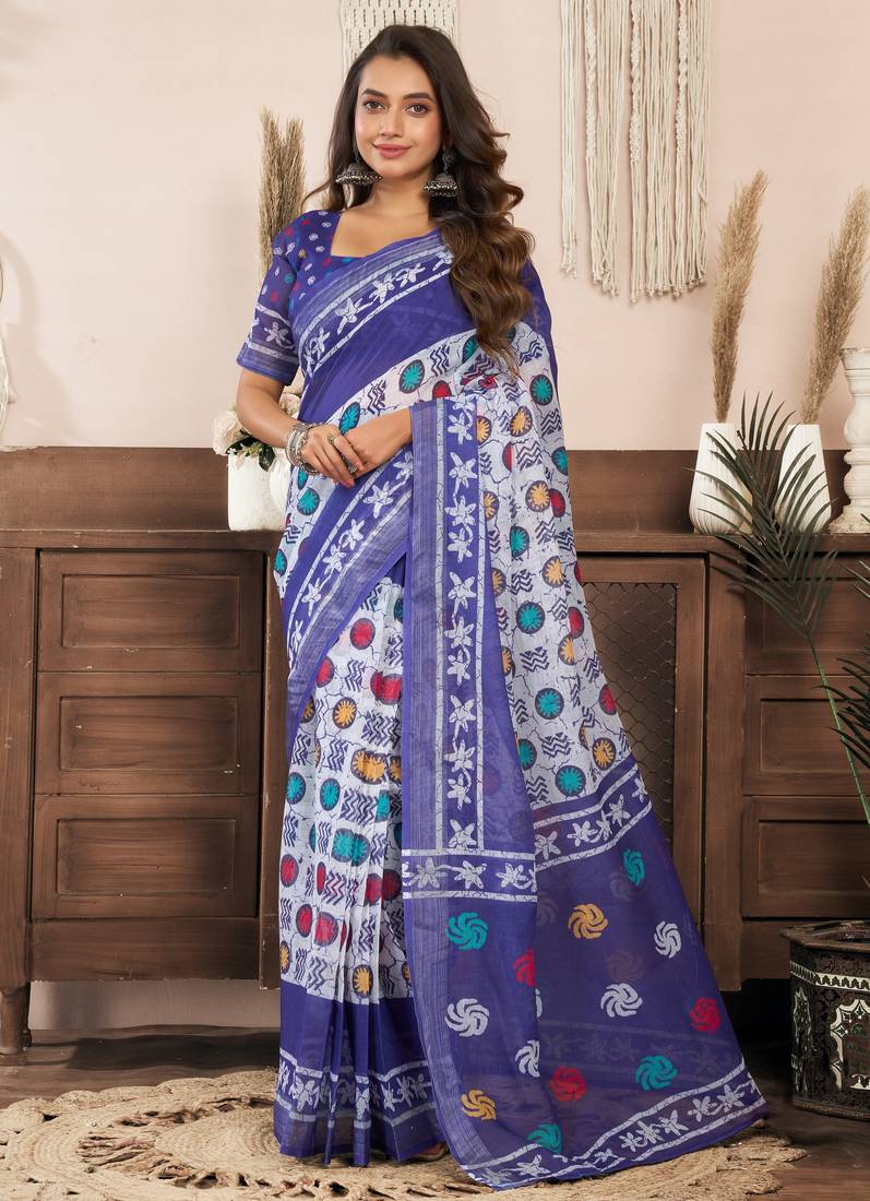 white blue lilen print work designer party wear festive 1 minute ready to wear saree with unstitched blouse piece